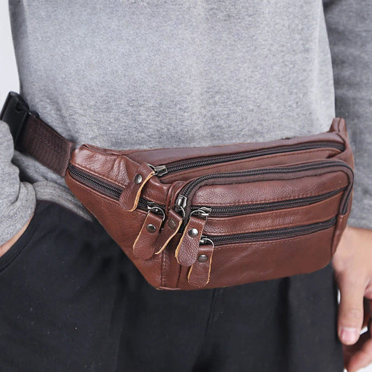 Vintage Leather Waist Bag – Multi-Zip Travel Fanny Pack for Men